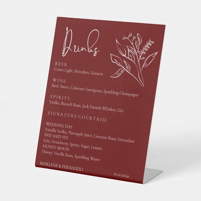 Minimalist Floral Wedding Drinks Bar Menu Pedestal Sign (Front)