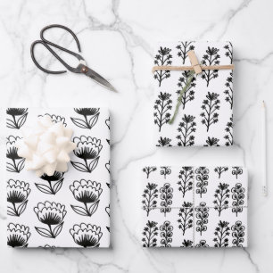 Minimalist Floral Whimsical Black & White Cute Wrapping Paper Sheet