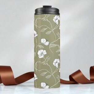 Minimalist Floral White Botanical Olive Green Thermal Tumbler