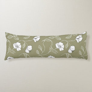 Minimalist Floral White Line Art Olive Green Body Cushion