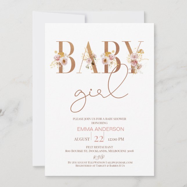 Minimalist Floral Word Baby Girl Baby Shower Invitation (Front)