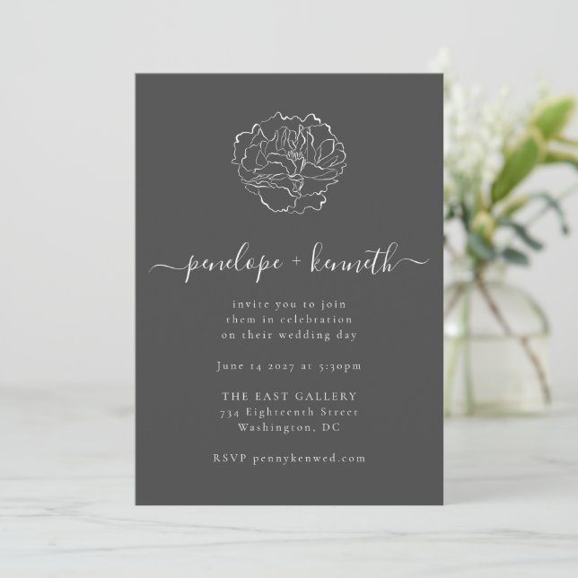 Minimalist Flower Black Script Calligraphy Wedding Invitation (Standing Front)