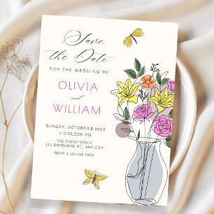 Minimalist flower bouquet art wedding save the date