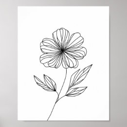 Minimalist Flower Line Drawing black and white  Poster