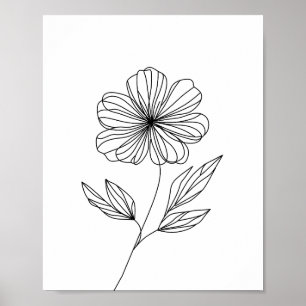 Minimalist Flower Line Drawing black and white  Poster