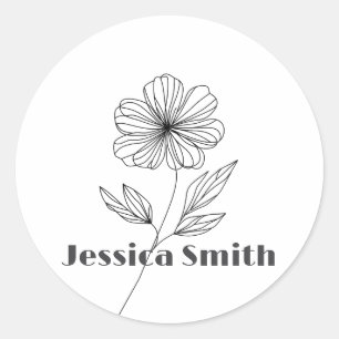 Minimalist Flower Line Drawing custom name Classic Round Sticker