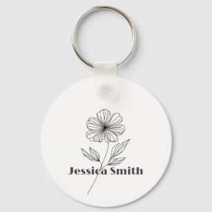 Minimalist Flower Line Drawing custom name Key Ring