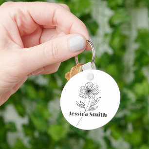Minimalist Flower Line Drawing custom name Key Ring