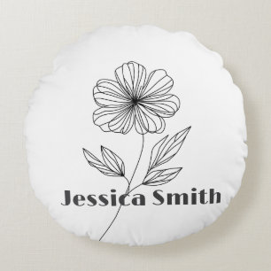 Minimalist Flower Line Drawing custom name Round Cushion