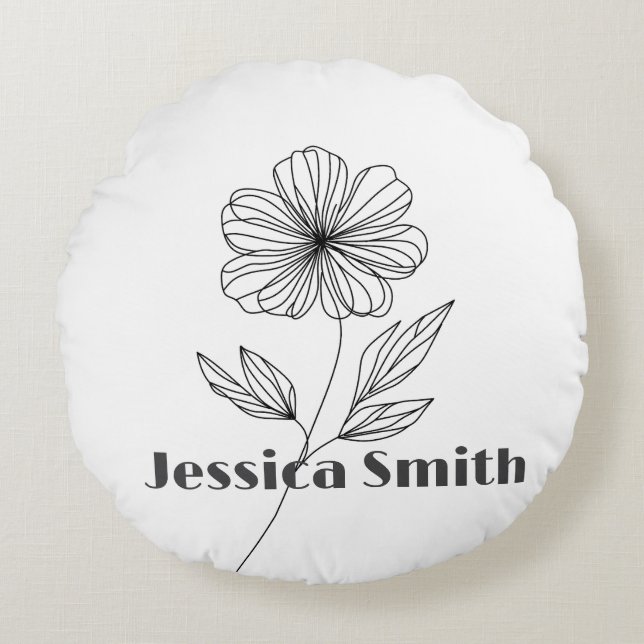 Minimalist Flower Line Drawing custom name Round Cushion (Front)