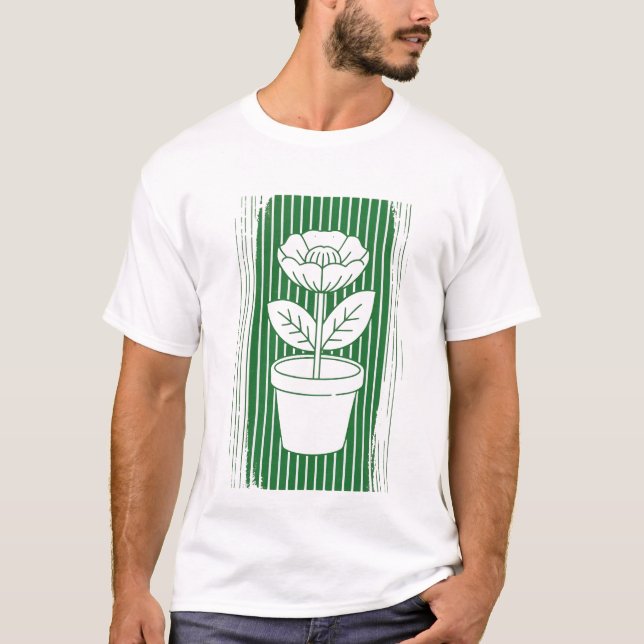 Minimalist Flower Pot Linework Green Retro Art T-Shirt (Front)