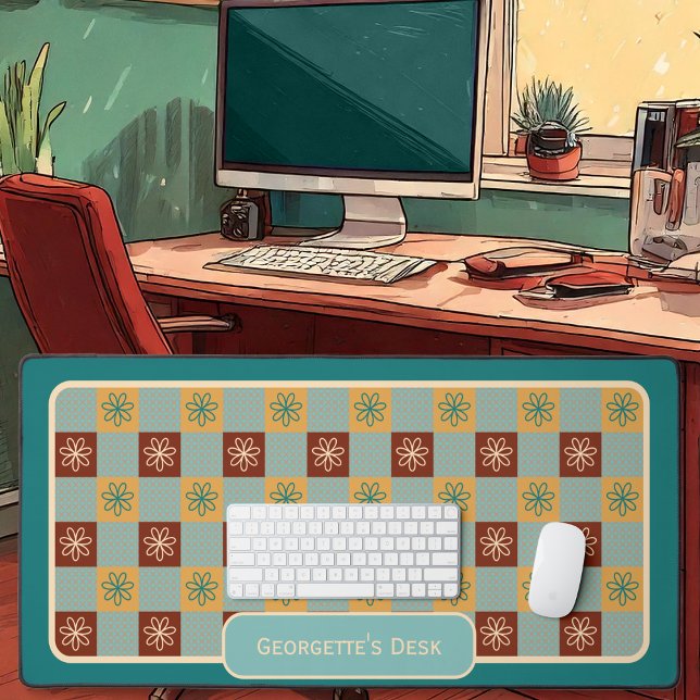 Minimalist Flowers - Checked in Fading Sun Palette Desk Mat (Minimalist Flowers Checked - Fading Sun Palette - by Office Accessories Shop)