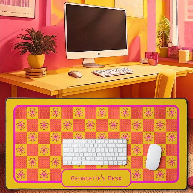 Minimalist Flowers - Checked in Popsicle Palette Desk Mat (minimalist checked floral - Summer popsicle palette by Office Accessories Shop)