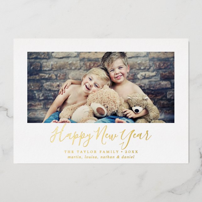 Minimalist Foil Happy New Year Landscape Photo Holiday Card (Front)