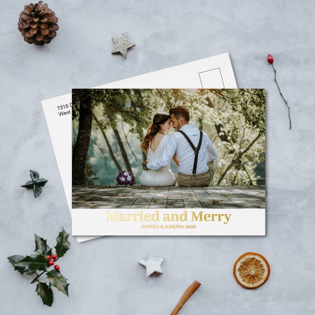 Minimalist Foil Merry and Married Newlywed Photo Foil Holiday Postcard (Creator Uploaded)