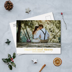 Minimalist Foil Merry and Married Newlywed Photo Holiday Postcard
