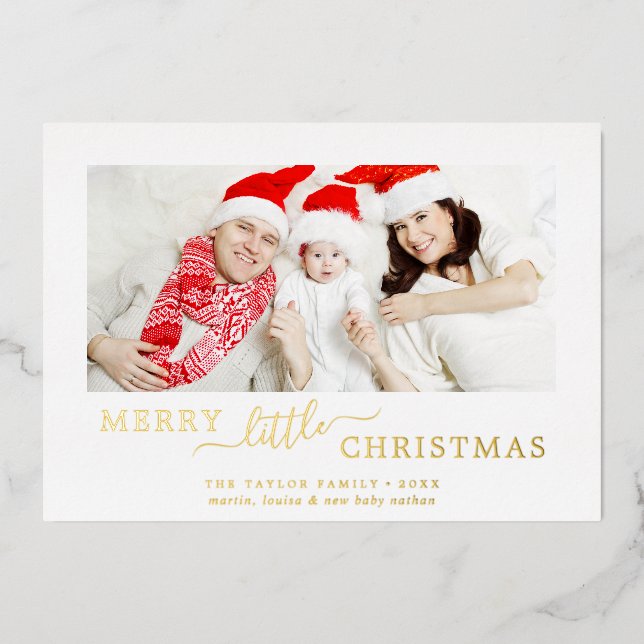 Minimalist Foil Merry Little Christmas Baby Birth Foil Holiday Card (Front)