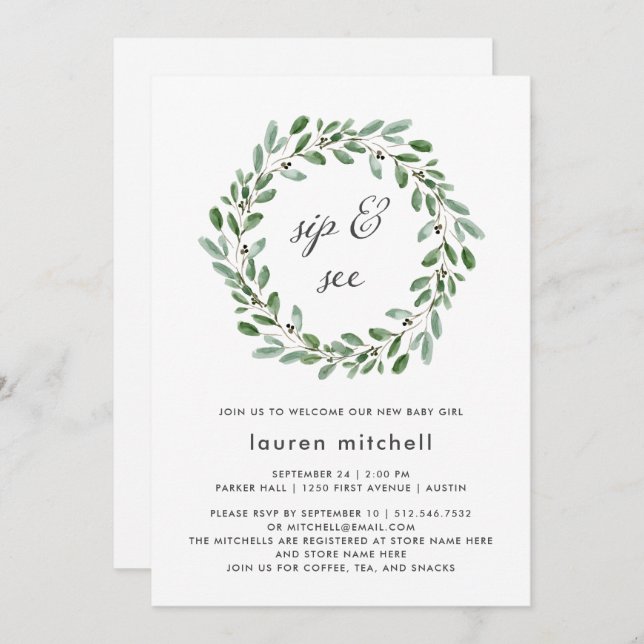 Minimalist Foliage | Baby Sip and See Invitation (Front/Back)