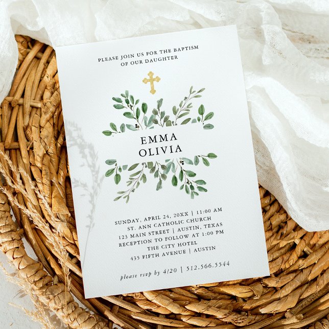 Minimalist Foliage | Baptism with Gold Cross Invitation (Creator Uploaded)