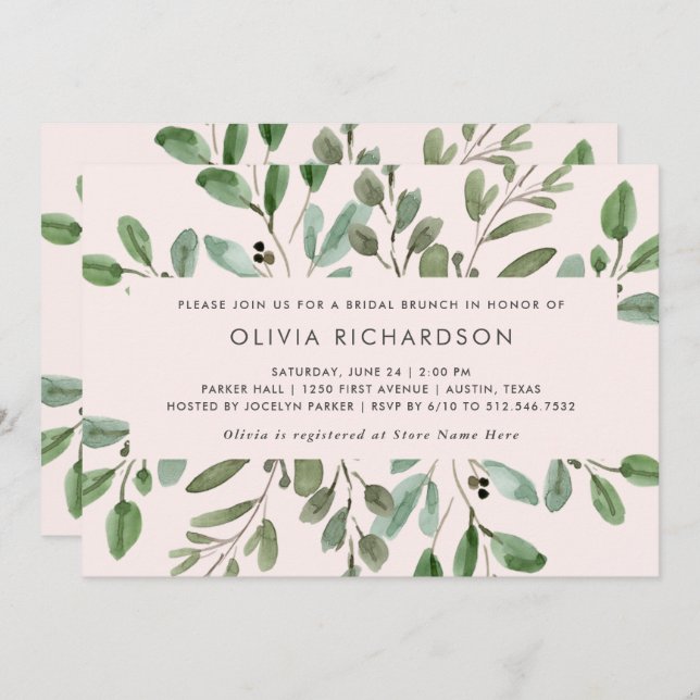 Minimalist Foliage Blush Pink | Bridal Brunch Invitation (Front/Back)