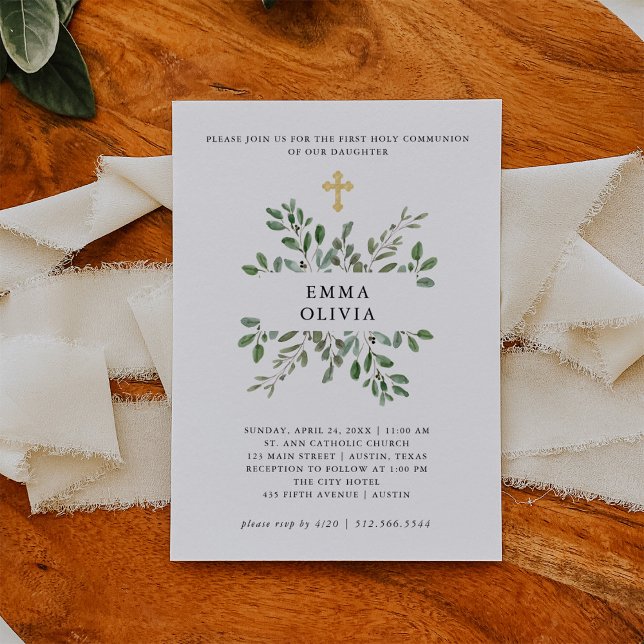Minimalist Foliage First Holy Communion Gold Cross Invitation (Creator Uploaded)