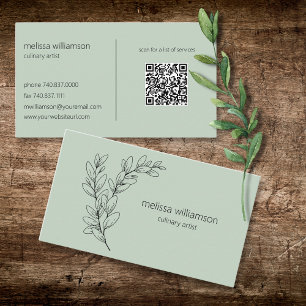 Minimalist Foliage on Sage Green with QR Code Business Card