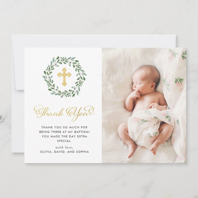 Minimalist Foliage | Photo Baptism and Gold Cross Thank You Card (Front)