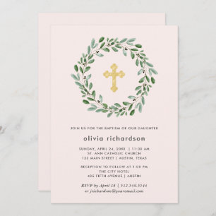 Minimalist Foliage   Pink Baptism with Gold Cross Invitation