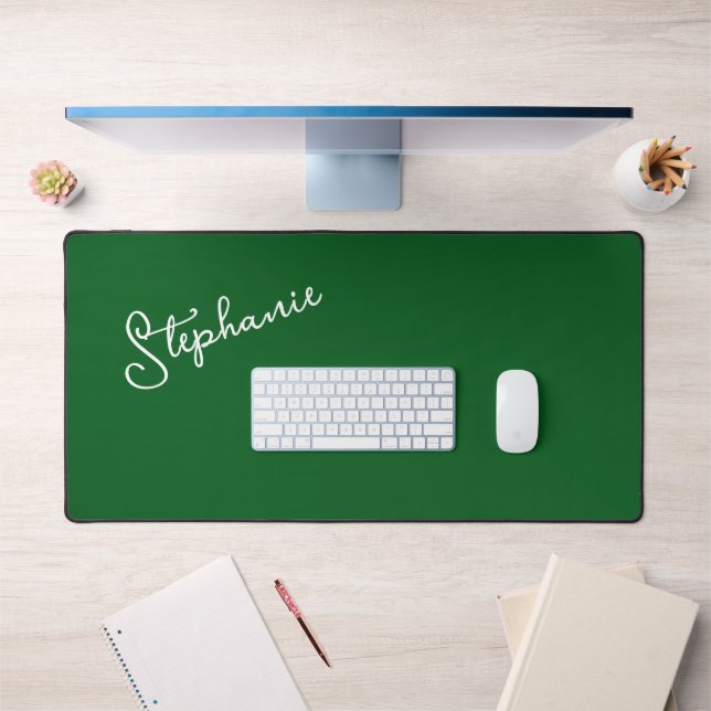 Minimalist Forest Green Personalised Name Script  Desk Mat (Office 1)