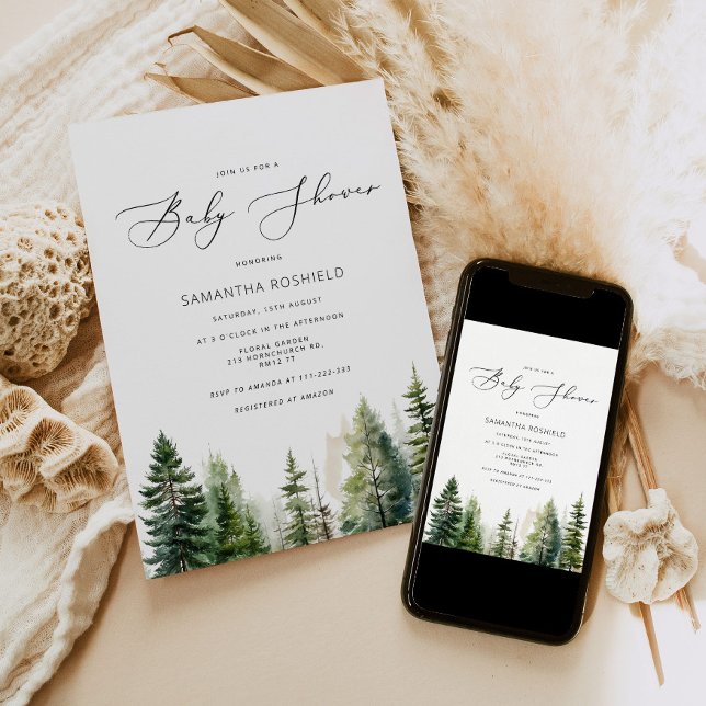 Minimalist forest pine trees Baby shower Invitation (Creator Uploaded)