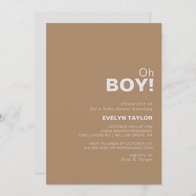 Minimalist Formal Brown Oh Boy Baby Shower   Invitation (Front/Back)