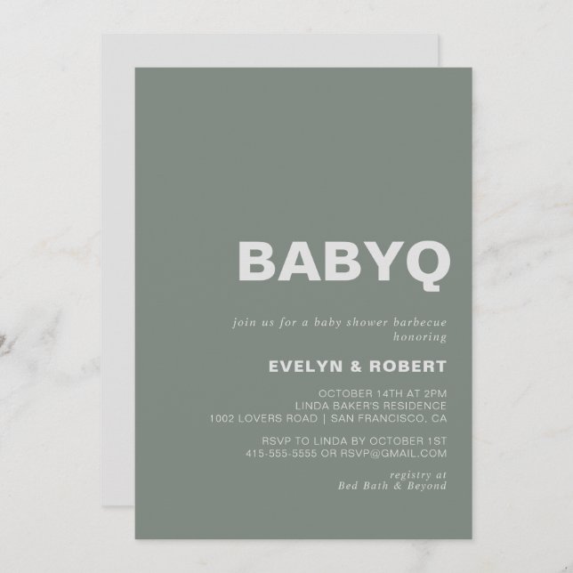 Minimalist Formal Green BabyQ Baby Shower Barbecue Invitation (Front/Back)