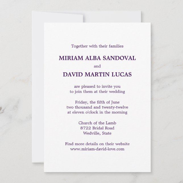 Minimalist Formal Purple Text Wedding Invitation (Front)