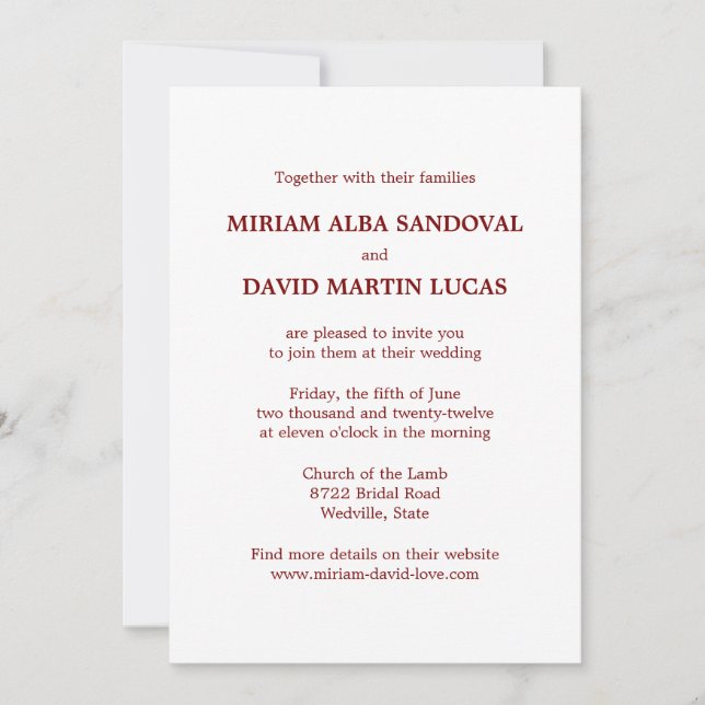 Minimalist Formal Red Text Wedding Invitation (Front)