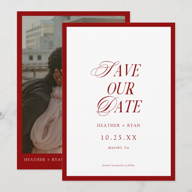 Minimalist Formal Red Wedding Photo Save The Date (Front/Back)