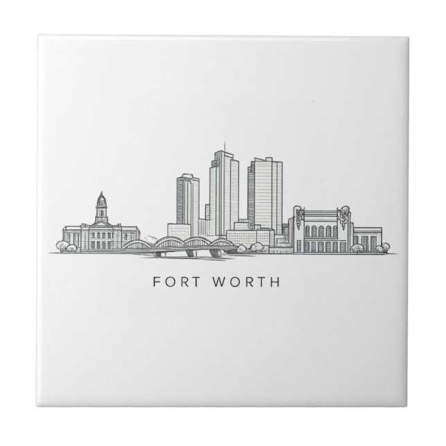 Minimalist Fort Worth Skyline Line Art Ceramic Tile (Front)