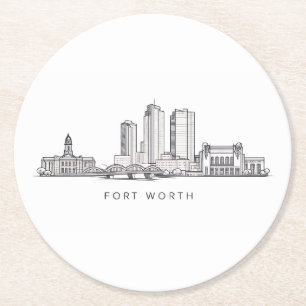 Minimalist Fort Worth Skyline Line Art Round Paper Coaster