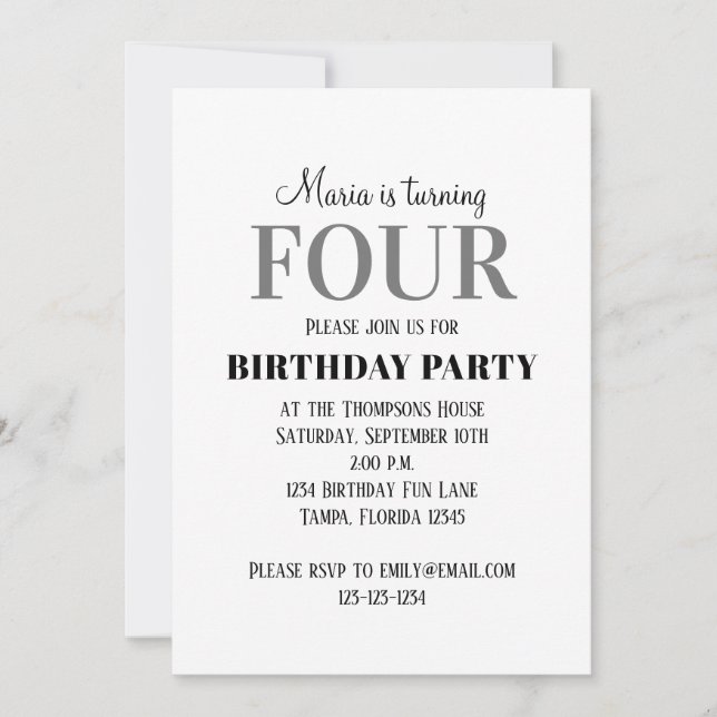 Minimalist Fourth Birthday Gender Neutral Invitation (Front)