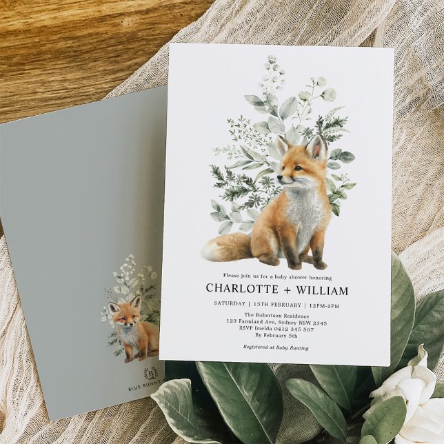 Minimalist Fox Sage Green Greenery Baby Shower Invitation (Creator Uploaded)