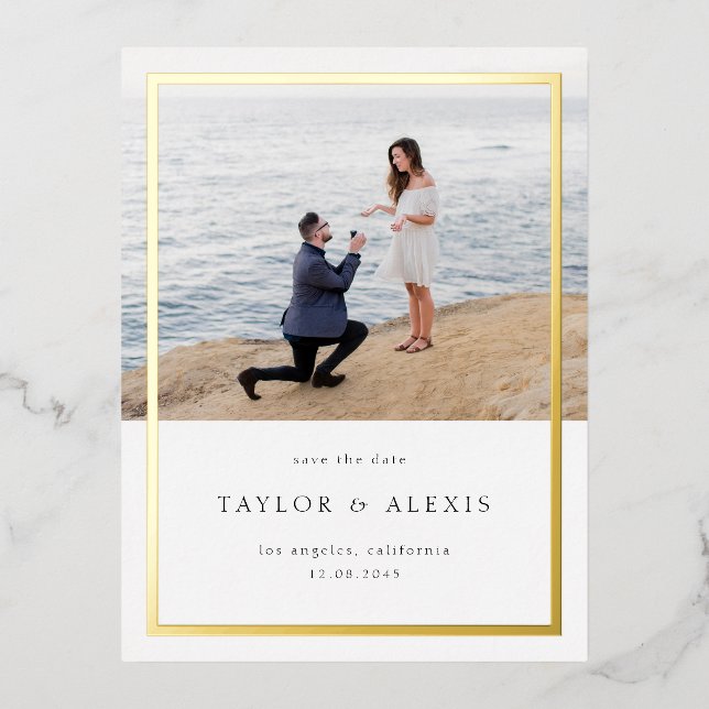 Minimalist Frame Photo Save the Date Gold Foil Invitation Postcard (Front)