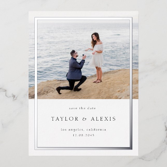 Minimalist Frame Photo Save the Date Silver Foil Invitation Postcard (Front)