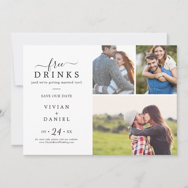 Minimalist Free Drinks 3 Photo Collage Save The Date (Front)