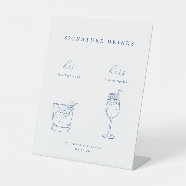 Minimalist French Blue Wedding Signature Drinks Pedestal Sign (Front)