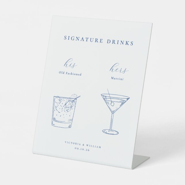 Minimalist French Blue Wedding Signature Drinks Pedestal Sign (Front)
