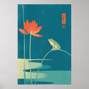 Minimalist Frog & Lotus Art Print Dark Teal Zen