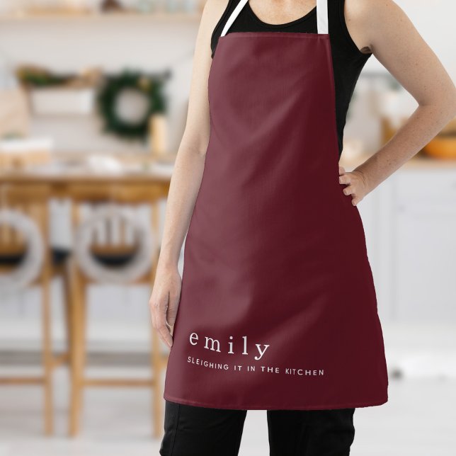 Minimalist Fun Quote Name Burgundy Christmas Apron (Can be changed to any colors!)