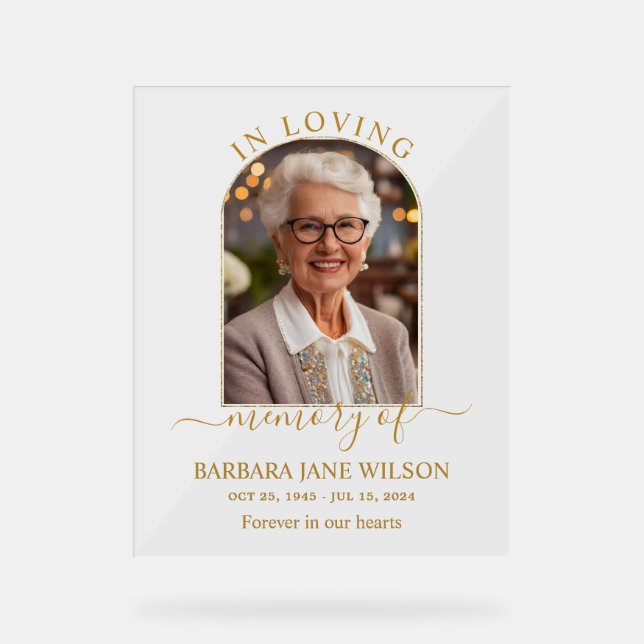 Minimalist Funeral Memorial In Loving Memory Photo Acrylic Sign (Front)