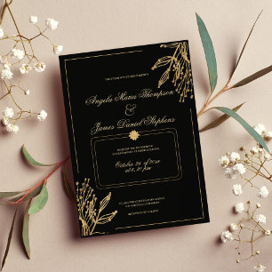 Minimalist geometric black gold floral wedding invitation