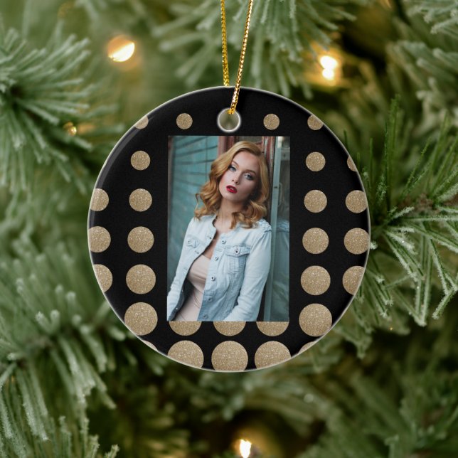 minimalist geometric black gold glitter polka dots ceramic ornament (Tree)