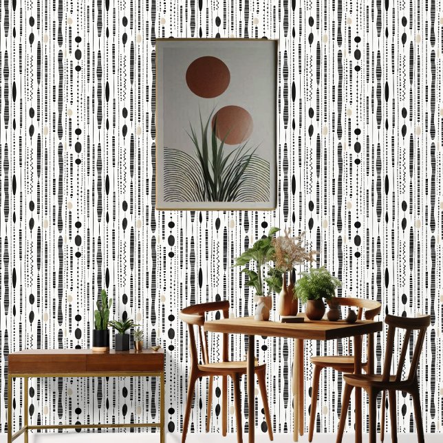 Minimalist Geometric Black White Ivory Abstract  Wallpaper (Boho Minimalist Black White Ivory Abstract Art Wallpaper)